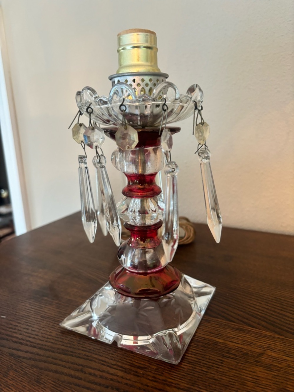 vintage boudoir table lamp featuring cranberry red and clear cut glass - Picture 10 of 16